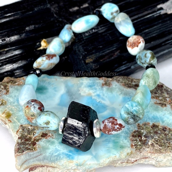 Genuine Larimar With Black Tourmaline Bracelet - Picture 1 of 5